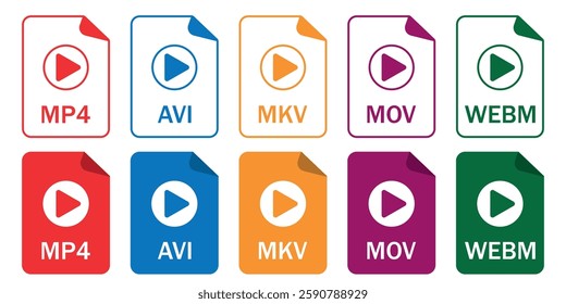 Set of video file format icons, including MP4, AVI, MOV, MKV, WEBM. Ideal for UI, video editing, streaming, file management, and tech-related content.  