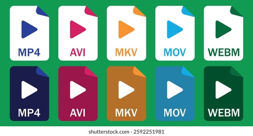 Set of video file format icons, including MP4, AVI, MOV, MKV, WEBM. Ideal for UI, video editing, streaming, file management, and tech-related content.  