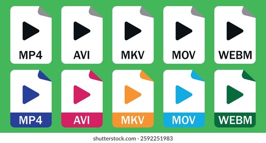 Set of video file format icons, including MP4, AVI, MOV, MKV, WEBM. Ideal for UI, video editing, streaming, file management, and tech-related content.  