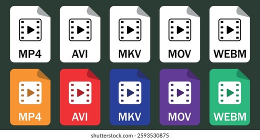 Set of video file format icons (MP4, AVI, MKV, MOV, WEBM). Ideal for video editing, media apps, and digital projects.