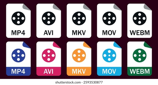 Set of video file format icons (MP4, AVI, MKV, MOV, WEBM). Ideal for video editing, media apps, and digital projects.