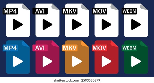 Set of video file format icons (MP4, AVI, MKV, MOV, WEBM). Ideal for video editing, media apps, and digital projects.