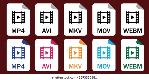 Set of video file format icons (MP4, AVI, MKV, MOV, WEBM). Ideal for video editing, media apps, and digital projects.