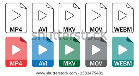 Set of video file format icons (MP4, AVI, MKV, MOV, WEBM) in outline and color styles. Ideal for video editing, media apps, and digital projects.