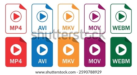 Set of video file format icons, including MP4, AVI, MOV, MKV, WEBM. Ideal for UI, video editing, streaming, file management, and tech-related content.  