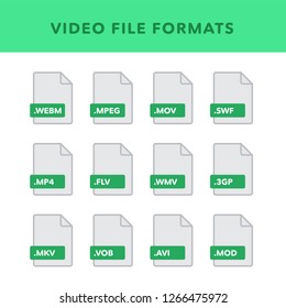 Set of video File Formats and Labels in flat icons style. Vector illustration