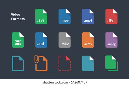 Set of Video File Formats and Labels icons. Vector illustration.