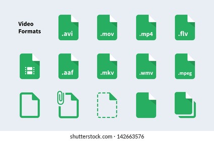 Set of Video File Formats and Labels icons. Vector illustration.