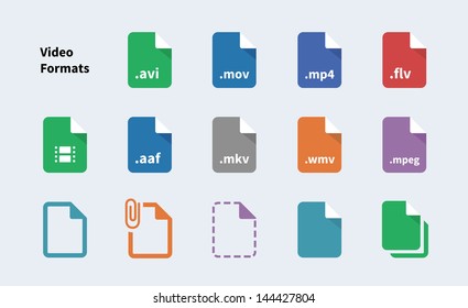 Set of Video File Formats and Labels icons. Vector illustration.