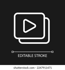 Set of video files pixel perfect white linear ui icon for dark theme. Digital video gallery. Vector line pictogram. Isolated user interface symbol for night mode. Editable stroke. Arial font used