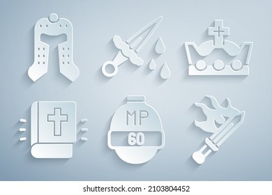 Coloca la barra de videojuegos, la corona del Rey, el libro de la Biblia Sagrada, la espada para, con la sangre y el icono del casco medieval. Vector