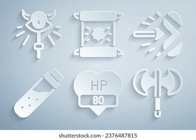 Establecer barra de videojuegos, flecha mágica, botella con poción, polo medieval, decreto, pergamino, pergamino, pergamino e icono del personal. Vector
