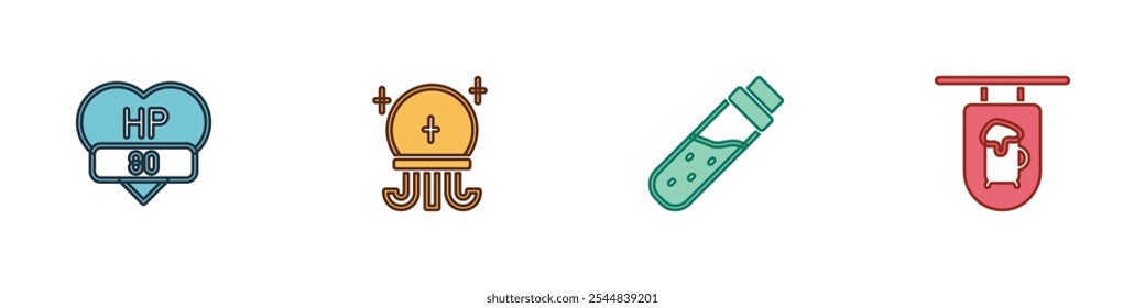 Video Barra de juego, bola mágica, botella con poción e icono de barra de letrero de calle. Vector