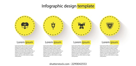 Set Video game bar, Pirate flag, Body armor and Shield. Business infographic template. Vector