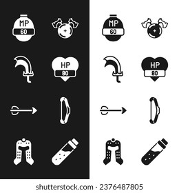 Establecer barra de videojuegos, Sword for, escudo medieval con hacha, flecha, arco, poción de botella e icono de casco. Vector