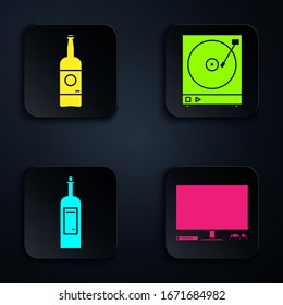 Set Video game console , Beer bottle , Bottle of wine  and Vinyl player with a vinyl disk . Black square button. Vector