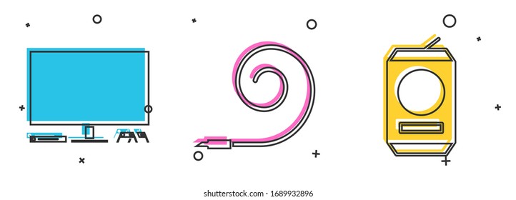 Set Video game console , Birthday party horn  and Beer can  icon. Vector
