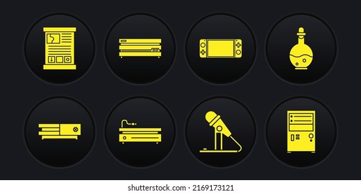 Set Video game console, Bottle with magic elixir, Microphone, Portable video, Computer and Game guide icon. Vector