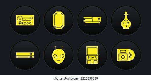 Set Video game console, Bottle with magic elixir, Alien, Retro arcade machine, Poker table, CD or DVD disk box and Create account screen icon. Vector