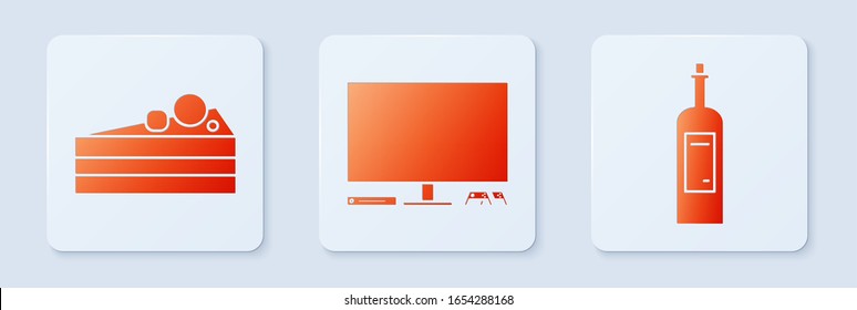 Set Video game console , Cake and Bottle of wine . White square button. Vector Set Video game console , Cake and Bottle of wine . White square button. Vector