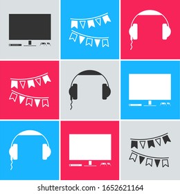 Set Video game console , Carnival garland with flags  and Headphones  icon. Vector