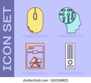 Set Video game console, Computer mouse, 3D printer and Human brain as digital circuit board icon. Vector
