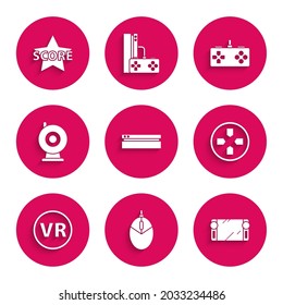 Set Video game console, Computer mouse gaming, Portable video, Gamepad, Virtual reality glasses, Web camera,  and Star icon. Vector