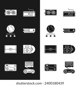 Set Video game console, Computer network, graphic card, keyboard, Chest for, CD DVD disk in box, Game with joystick and Mobile and playing icon. Vector