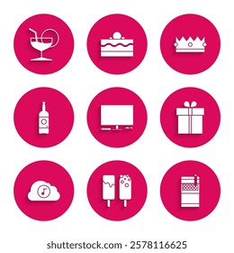 Set Video game console, Ice cream, Open cigarettes pack box, Gift, Music streaming service, Beer bottle, Crown and Martini glass icon. Vector