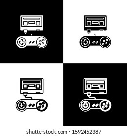 Set Video game console with joystick icon isolated on black and white background.  Vector Illustration
