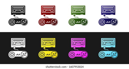 Set Video game console with joystick icon isolated on black and white background.  Vector Illustration