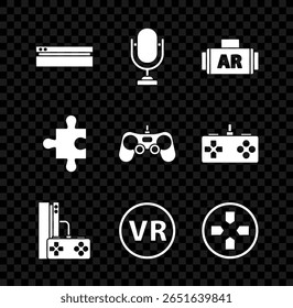 Set Console de videogame, Microfone, Ar, realidade aumentada, Jogo com joystick, óculos virtuais, Gamepad, Peça de quebra-cabeça e ícone. Vetor