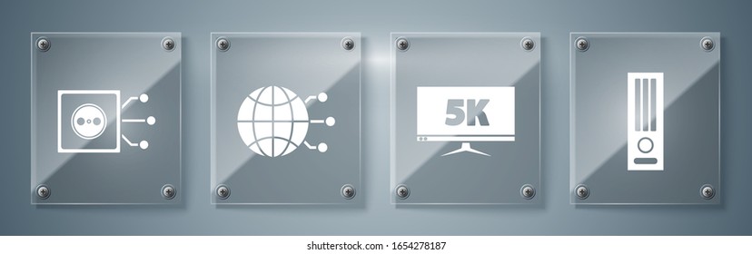 Set Video game console, Monitor display with 5k video, Global technology or social network and Remote control. Square glass panels. Vector