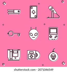 Set Video game console, Playing card with diamonds, Microphone, Ancient key for, Alien, Portable video, Cartridge and CD DVD disk box icon. Vector