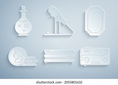 Set Video game console, Poker table, Coin for, Mobile and playing, Microphone and Bottle with magic elixir icon. Vector