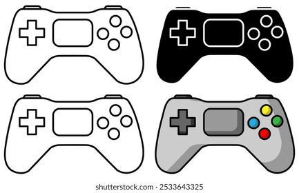 Set of video game controllers or joypads in black and white and colour versions isolated on a transparent background