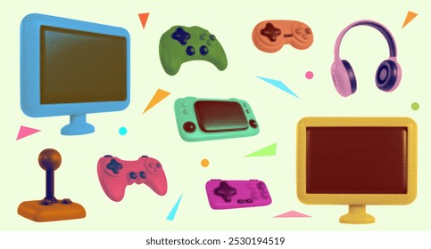 Set video game devices in modern stylised halftone style. Fashion pop art design elements. Collection retro vector illustration.