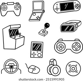 Conjunto de arte de doodle de videogame, itens Gamepad, gadgets de videogame retro, joystick, Console e área de trabalho. Equipamento de jogos desenhado à mão ilustração vetorial de arte de linha ícone, clipart, adesivo