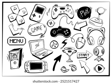 Video Conjunto de Elementos de doodle de juego. Iconos en blanco y negro con gamepad, laptop, joystick, consola arcade retro, mouse y auriculares para jugadores. Ilustración vectorial dibujada a mano aislada en el fondo