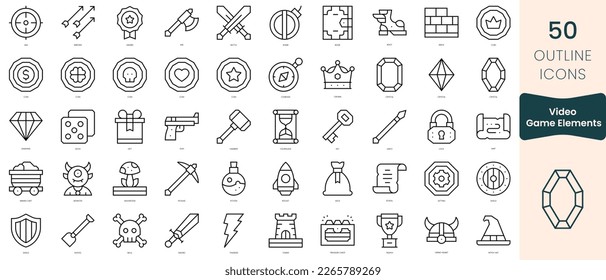 Conjunto de iconos de elementos de videojuegos. Iconos de estilo lineal delgado Empaquetar. Ilustración vectorial