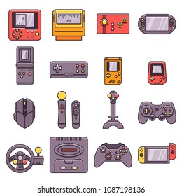 Set of video game home and portable consoles, gamepads, joysticks, joypads, controllers and other gaming accesories in thin outline design. Collection of flat color line icons related to videogames. 