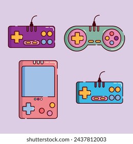 Juego de joysticks de videojuegos. Colección de viejos iconos planos de gamepad retro, consola de gadgets clásica de dibujos animados para jugadores y geeks de pc. Retro aislado ilustración vectorial