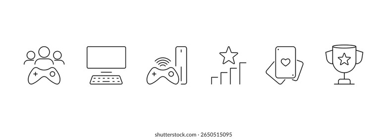 Set of video game lined icon collection. Game controller, joystick, headset, console, gaming PC symbol.