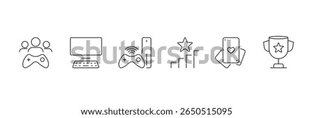Set of video game lined icon collection. Game controller, joystick, headset, console, gaming PC symbol.