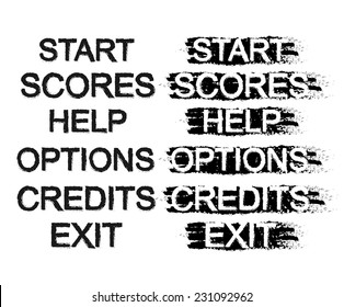 Set of video game menu resources buttons: start, scores, help, options, credits, exit. In normal and pressed stances. Grunge scratches style. Clip art isolated on white