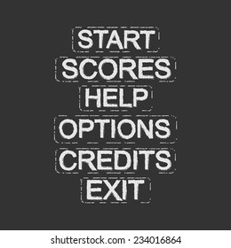Set of video game menu resources buttons: start, scores, help, options, credits, exit. White buttons on black background. Grunge scratches style. Clip art isolated on black