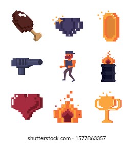 set of video game pixelated characters and street icons vector illustration