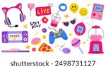 Set of Video game stickers. Gamer stickers with pixel icons, cartoon flat style. Vector gaming modern elements: game console, controller, joystick, headphones with ears. Gamer and streamer stickers