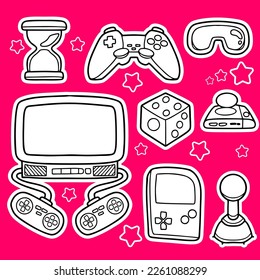 Set of Video Games Doodle. Vintage Game Hand Drawn Doodle