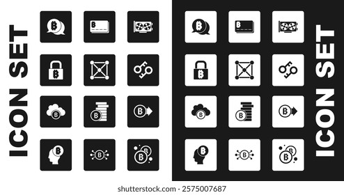 Set Video graphic card, Blockchain technology, Lock with bitcoin, Bitcoin, Cryptocurrency key, Credit,  and cloud mining icon. Vector